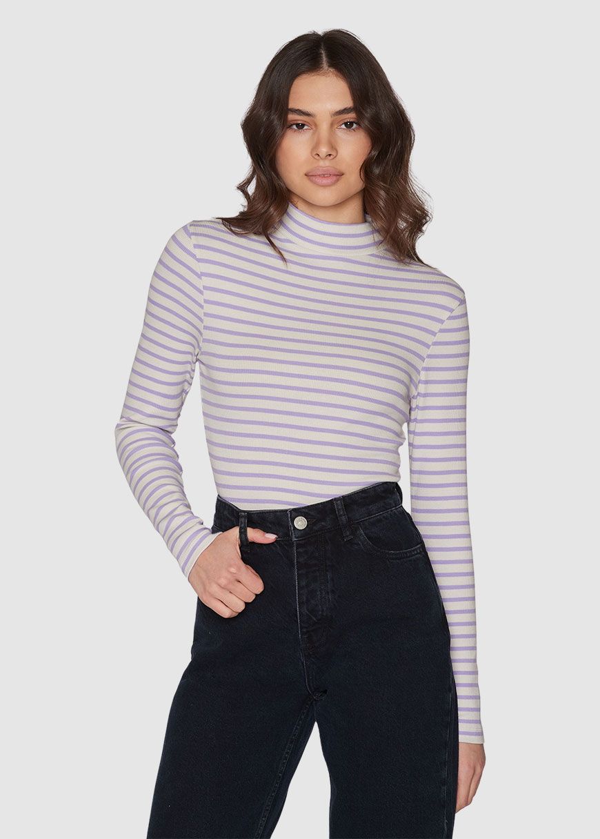 Striped Rib High Neck Long Sleeved