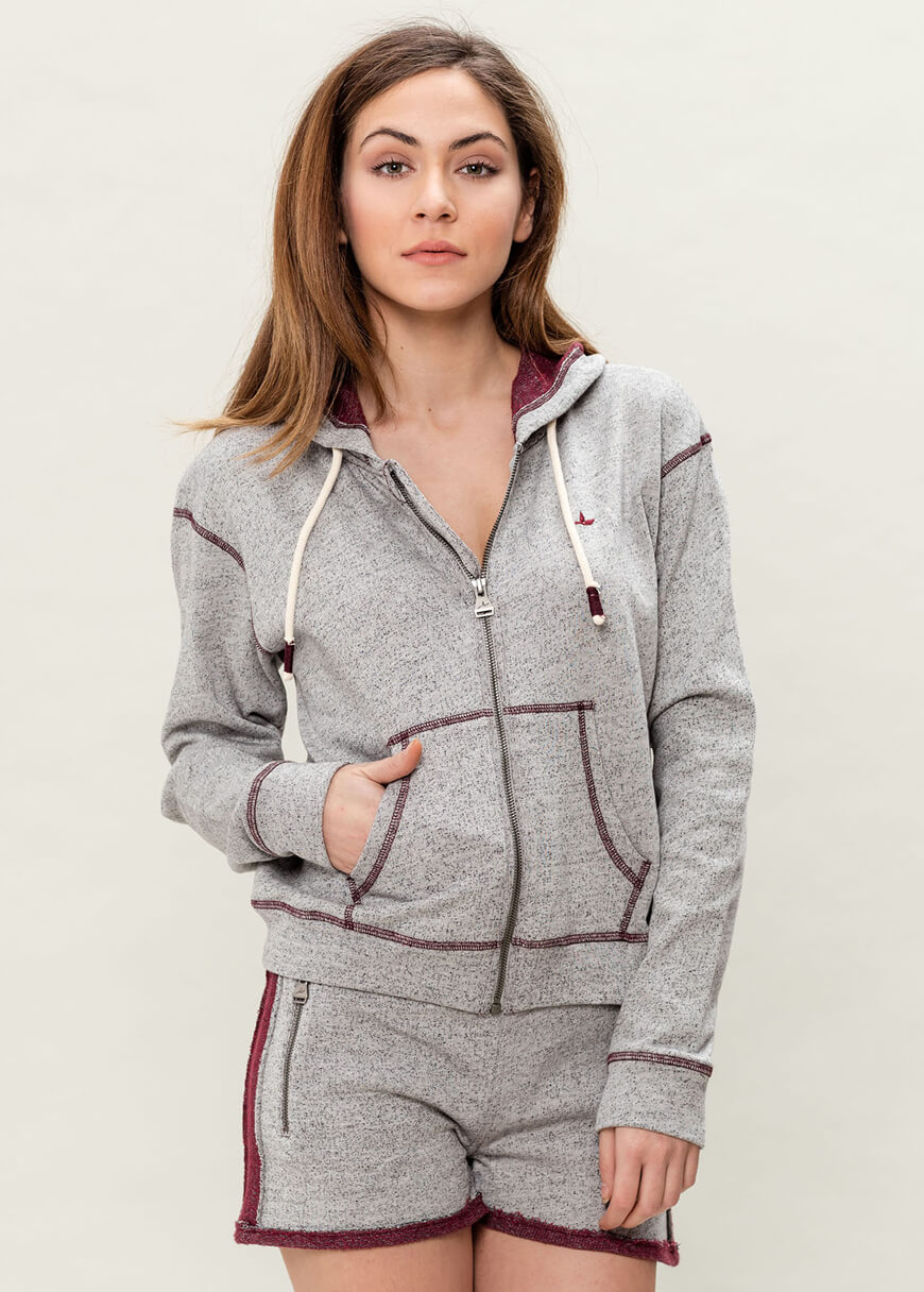 Women`s Zipped Hoodie Grey Burgundy